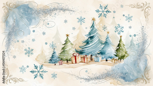 Enchanted Winter Wonderland Postcard: Whimsical Watercolor Christmas Scene with Sleigh, Presents, and Sparkling Snowflakes in Vintage Storybook Style