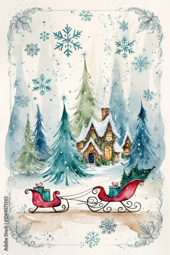 Enchanted Christmas Forest Postcard: Whimsical Watercolor Painting of Sleigh with Gifts by Dreamy Witch House, Sparkling Snowflakes, and Vintage Holiday Charm