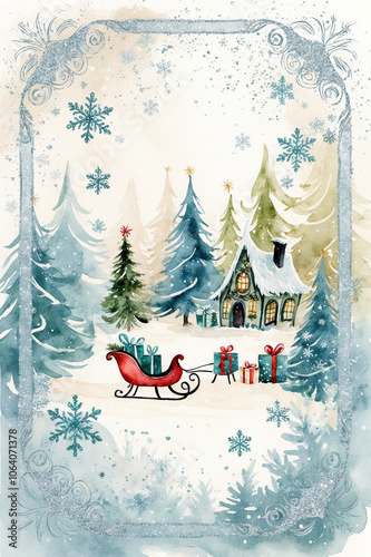 Enchanted Christmas Forest Postcard: Whimsical Watercolor Painting of Sleigh with Gifts by Dreamy Witch House, Sparkling Snowflakes, and Vintage Holiday Charm