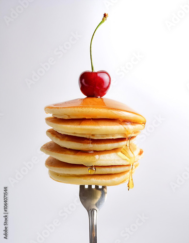 Stack of pancakes with honey decorated sweet cherry pinned on a fork floating or flying isolated on clean white background