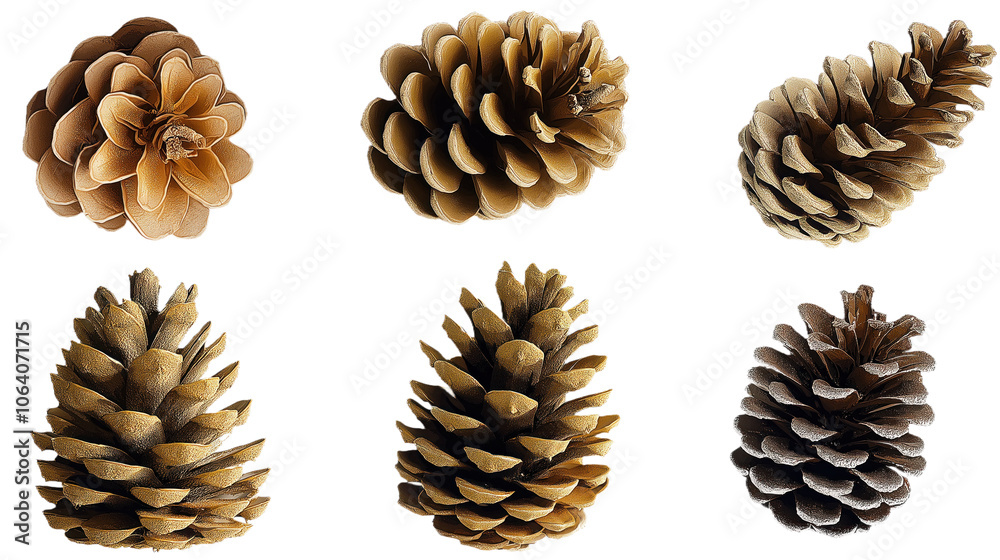 Collection of 6 pine cones in 3x2 grid, varying in size and shape. Brown colored pine cones, some darker. Macro close-up of pine cone set, isolated on isolated transparent background. Alpha mask. Collection of 6 pine cones in 3x2 grid, varying in size and shape. Brown colored pine cones, some darker. Macro close-up of pine cone set, isolated on isolated transparent background. Alpha mask.
