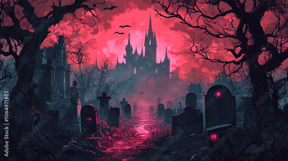 Fototapeta premium Spooky Graveyard with Haunted Castle at Dusk