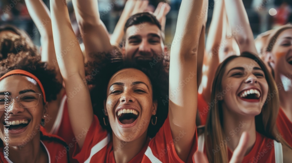 Joyful fans celebrating a victory in a packed sports arena Joyful fans celebrating a victory in a packed sports arena