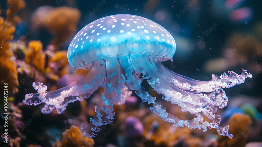 Naklejka premium A Breathtaking Underwater Depiction of a Vibrant Coral Reef and a Gliding Spotted Lagoon Jellyfish