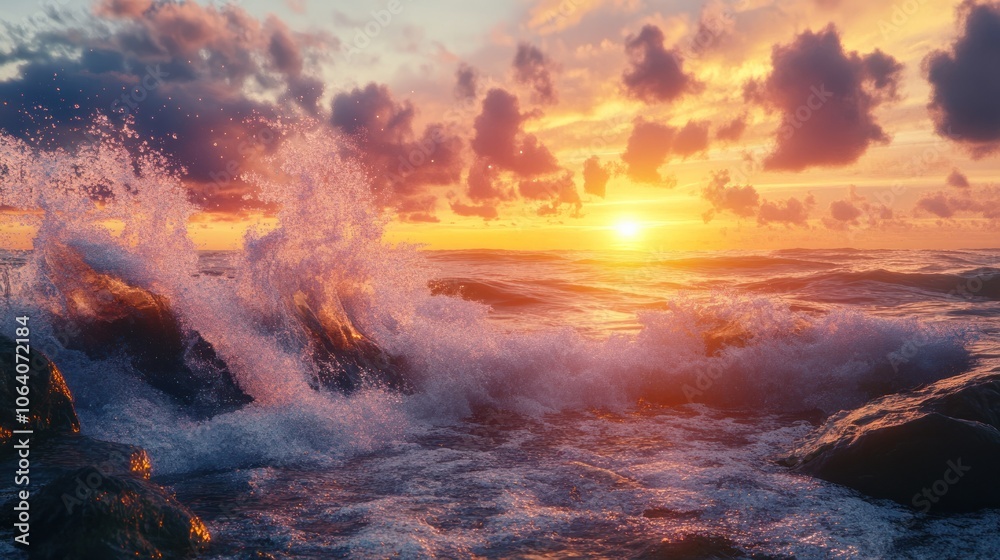 Fototapeta premium Dramatic sunset over the ocean with crashing waves on the rocky shore.