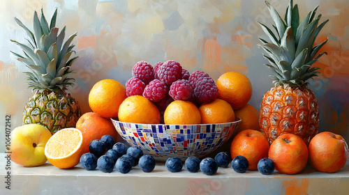 Vibrant Still Life of Mosaic Fruits with Abstract Background Enhancing Light and Rich Colors