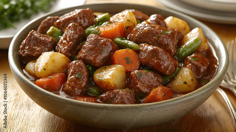 Hearty Beef Stew Brimming With Seasonal Vegetables Captured In A Warm Dining Setting Hearty Beef Stew Brimming With Seasonal Vegetables Captured In A Warm Dining Setting