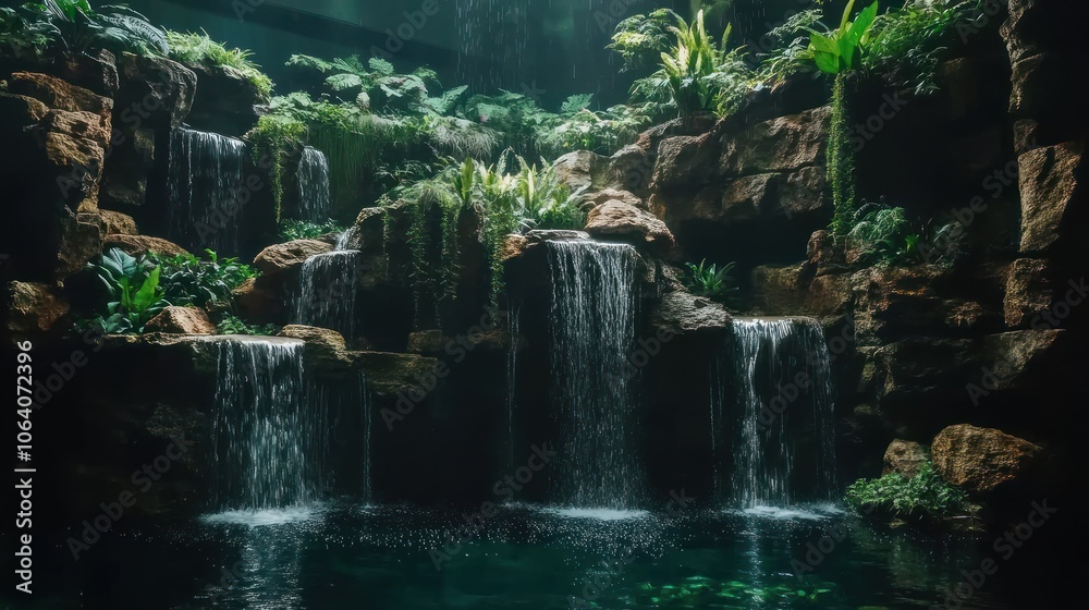 A cascading waterfall flows down rocky cliffs, with lush greenery and sunlight illuminating the scene. A cascading waterfall flows down rocky cliffs, with lush greenery and sunlight illuminating the scene.