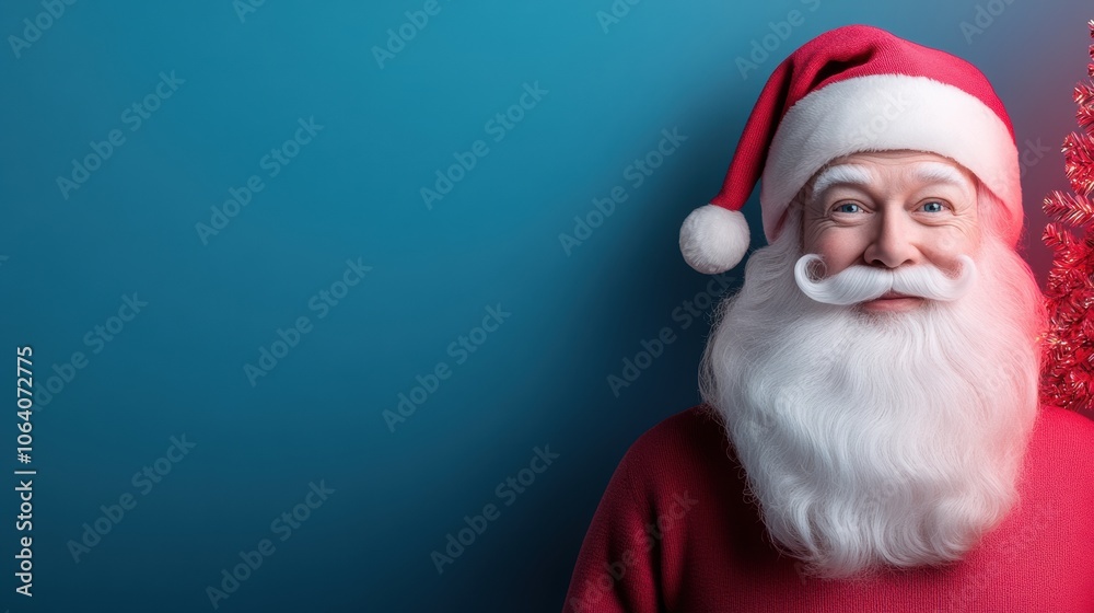 Naklejka premium Santa Claus with a joyful smile stands against a blue background, embodying holiday cheer, AI