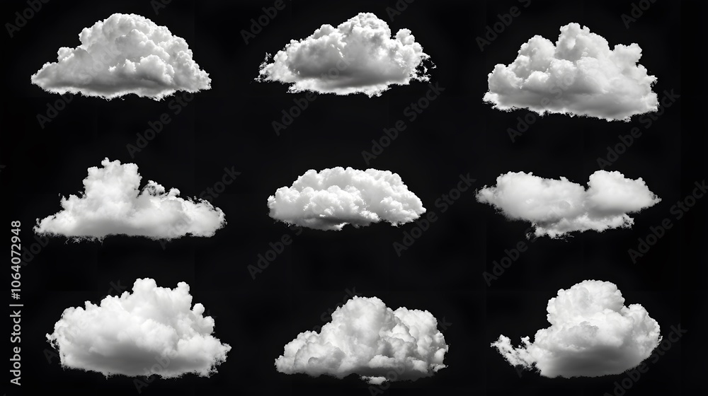 White clouds collection isolated on black background