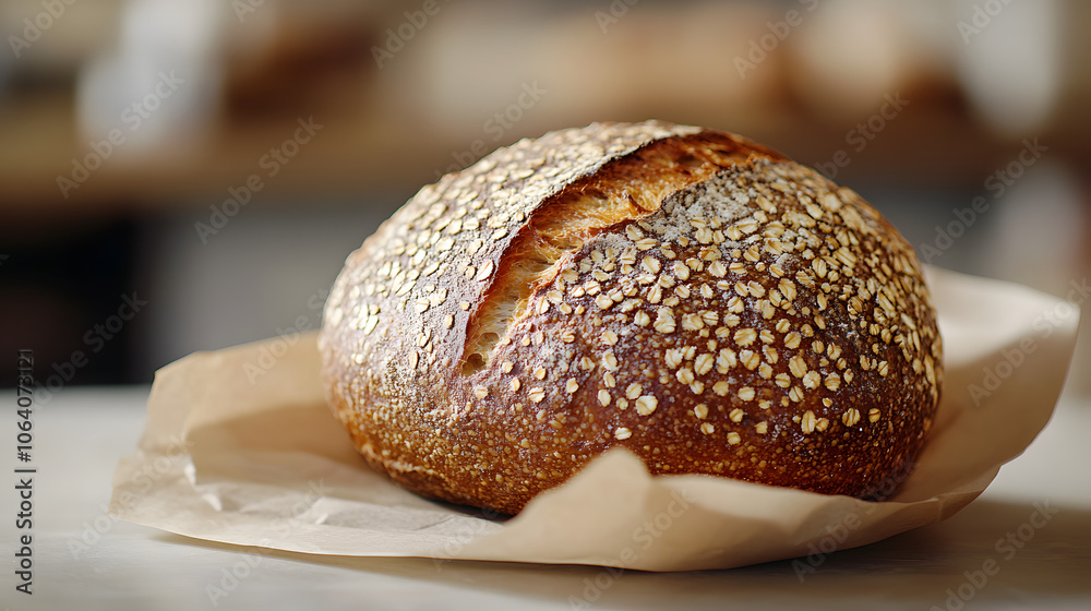 A Serene and Relaxing Setting Featuring Freshly Baked Bread in a Craft Bag with Millet Against a Creamy Gradient Background A Serene and Relaxing Setting Featuring Freshly Baked Bread in a Craft Bag with Millet Against a Creamy Gradient Background