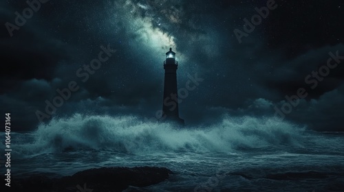 A solitary lighthouse stands tall against a backdrop of stormy seas and a starlit sky, its beacon a guiding light in the darkness.