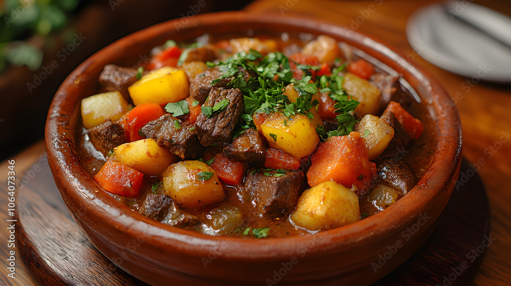 An Inviting Bowl of Rich Beef Brisket Stew, Decorated with Fresh Vegetables and Parsley in a Serene Restaurant Setting An Inviting Bowl of Rich Beef Brisket Stew, Decorated with Fresh Vegetables and Parsley in a Serene Restaurant Setting