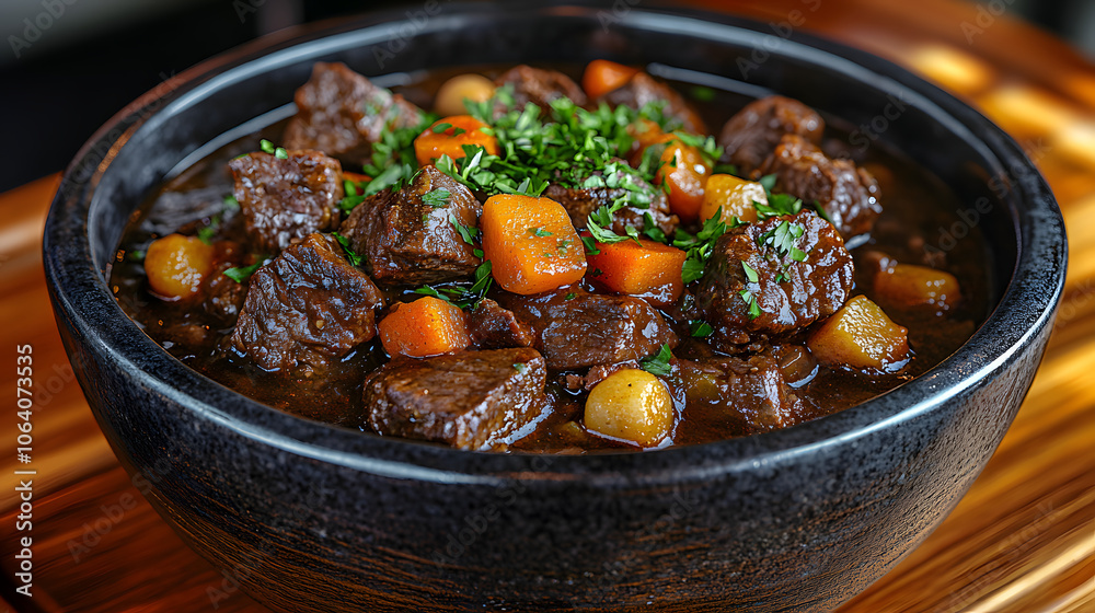 An Exquisite Display of Culinary Art: A Rich, Slow-Cooked Beef Brisket Stew Served in a Fine Restaurant Setting An Exquisite Display of Culinary Art: A Rich, Slow-Cooked Beef Brisket Stew Served in a Fine Restaurant Setting