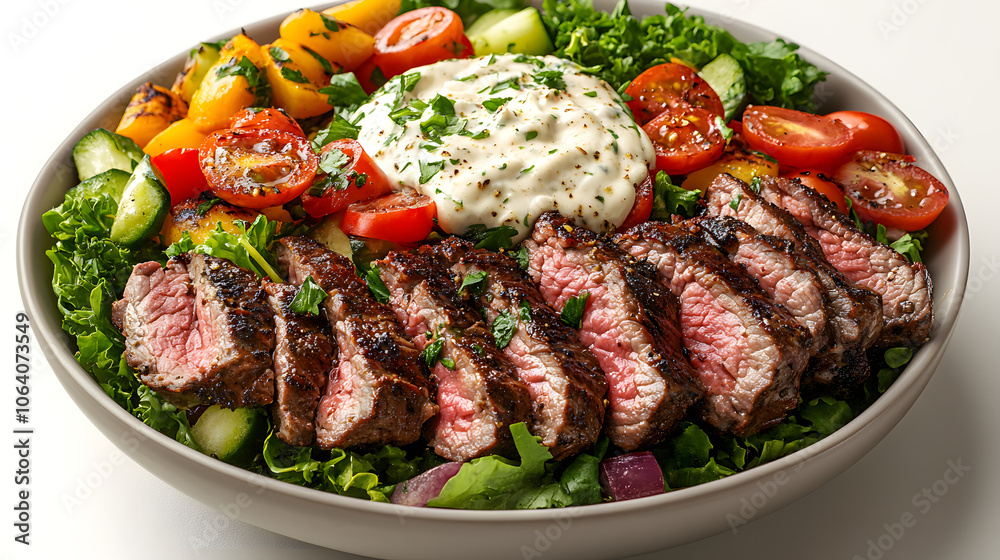 A Delicious and Health-Conscious Salad Featuring Succulent Roast Beef and Fresh Vegetables with a Creamy Dressing A Delicious and Health-Conscious Salad Featuring Succulent Roast Beef and Fresh Vegetables with a Creamy Dressing