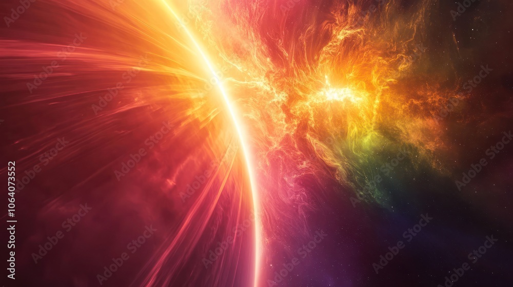 Fototapeta premium A vibrant cosmic landscape with a bright yellow light emanating from the horizon, surrounded by a colorful nebula.