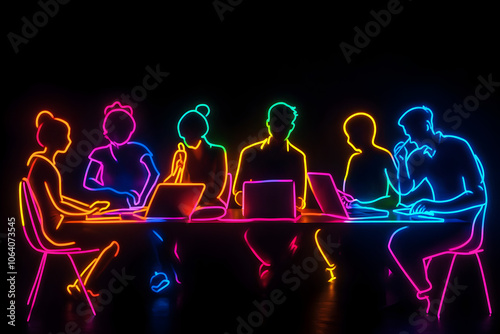 Neon silhouettes of diverse professionals working in an office isolated on black background.