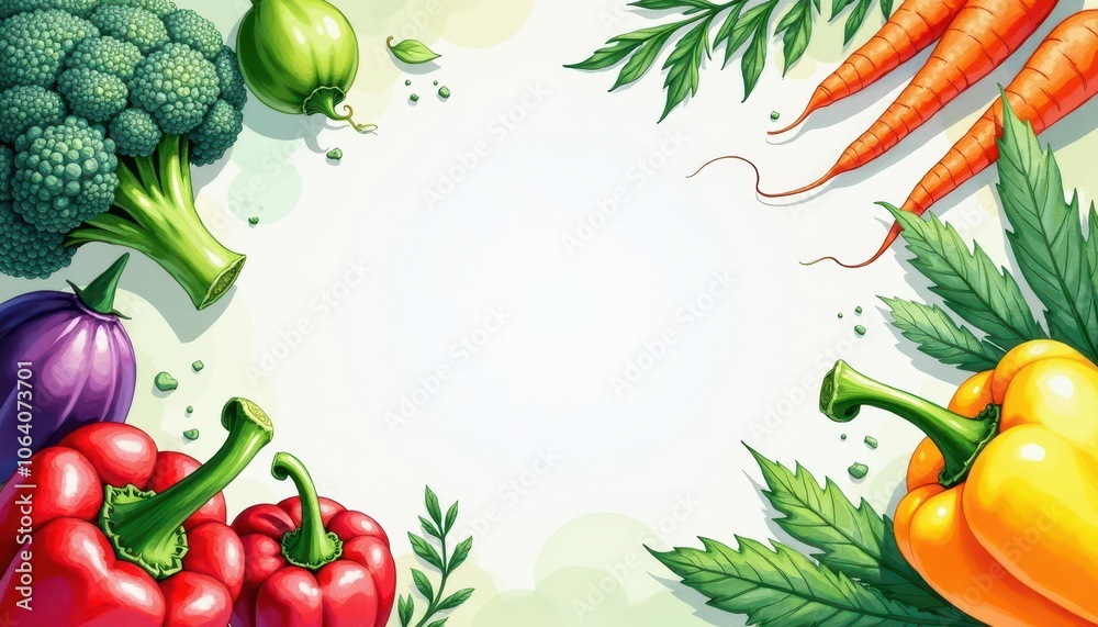 Illustration with copy space in the center, surrounded with vegetables broccoli, carrots, and bell peppers Illustration with copy space in the center, surrounded with vegetables broccoli, carrots, and bell peppers
