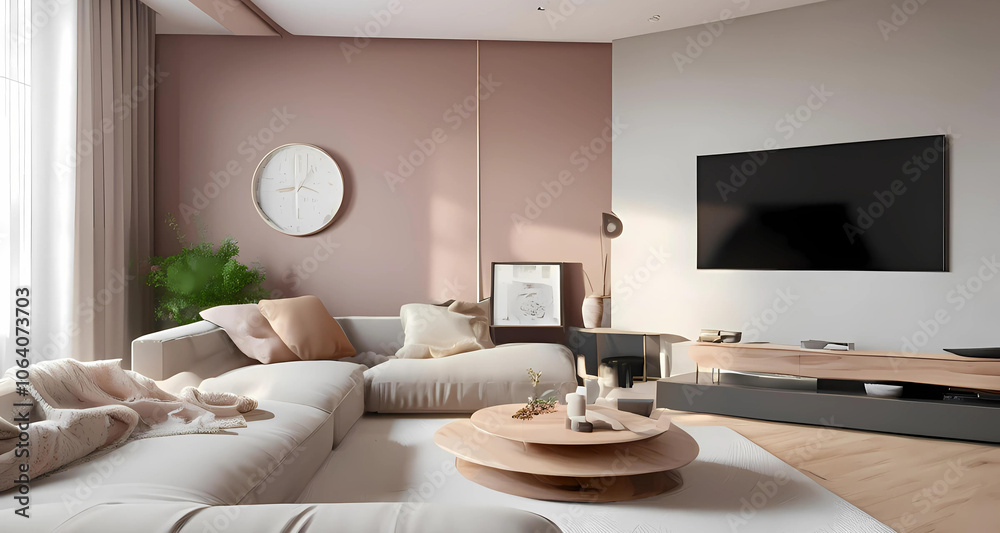 A cozy living room featuring a large TV mounted on the wall and a comfortable couch for relaxation. A cozy living room featuring a large TV mounted on the wall and a comfortable couch for relaxation.