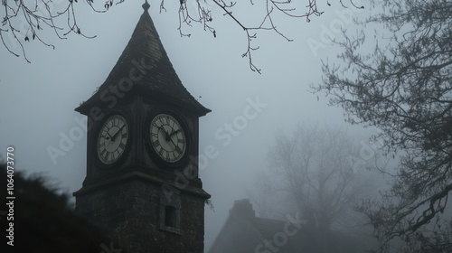 An old stone clock tower with two clock faces stands shrouded in fog, with bare branches reaching towards the sky.