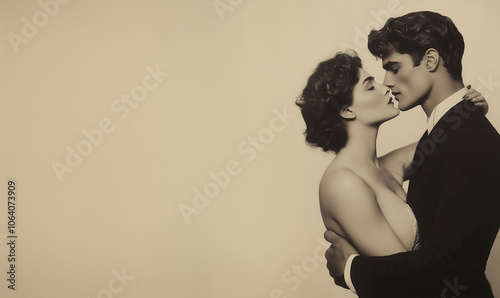 A couple shares an intimate embrace, capturing the essence of romance and elegance. The man wears dark attire, while the woman is in a delicate, flowing dress. Retro, vintage poster style. Studio shot