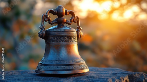 An ornate bronze bell sits on a rock with a warm sunset in the background. photo