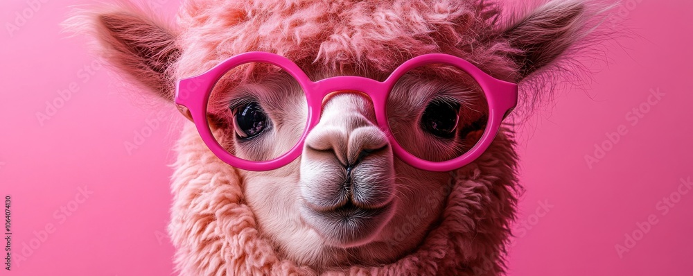 Obraz premium Cute alpaca wearing oversized pink glasses in a vibrant setting