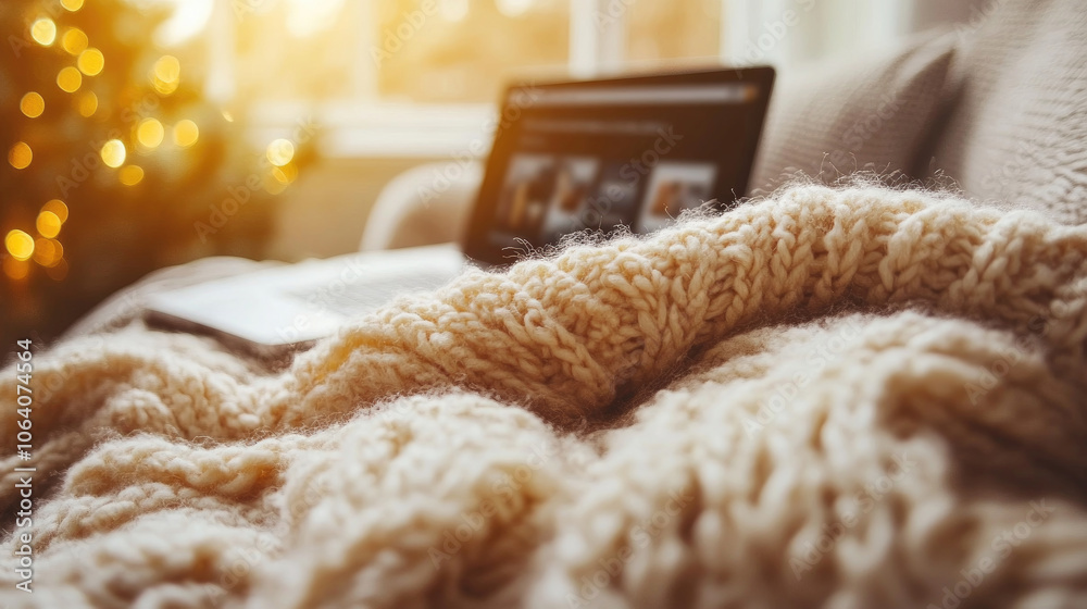 A soft knitted blanket rests on a couch, while a laptop displays content nearby, illuminated by a warm afternoon glow and holiday lights A soft knitted blanket rests on a couch, while a laptop displays content nearby, illuminated by a warm afternoon glow and holiday lights