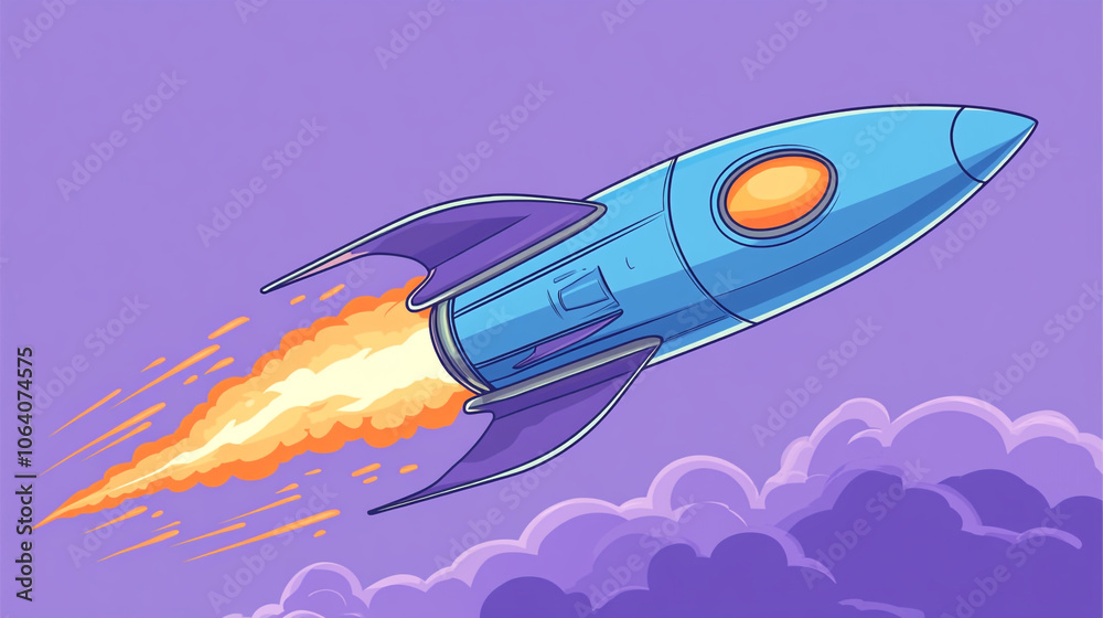 Cartoon Rocket Ship Flying Through Clouds with Fire Illustration Cartoon Rocket Ship Flying Through Clouds with Fire Illustration