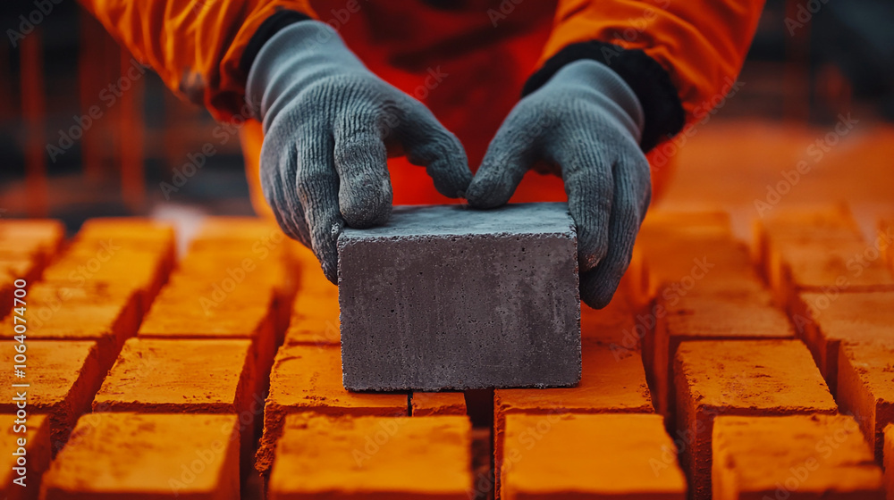 Construction Worker Placing Concrete Brick on Stack of Bricks Construction Worker Placing Concrete Brick on Stack of Bricks