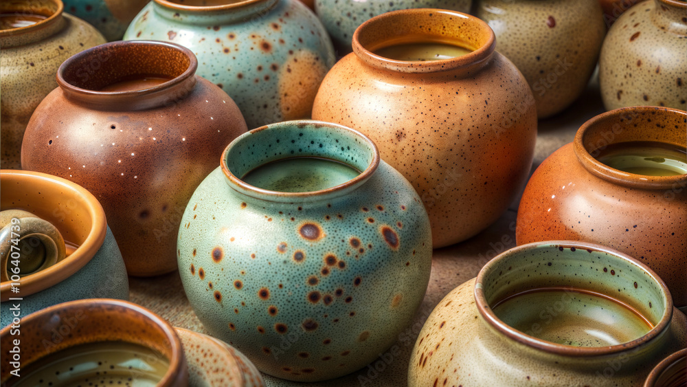 Unique handcrafted ceramic pots showcasing natural textures and earthy tones for home decoration with copy space Unique handcrafted ceramic pots showcasing natural textures and earthy tones for home decoration with copy space
