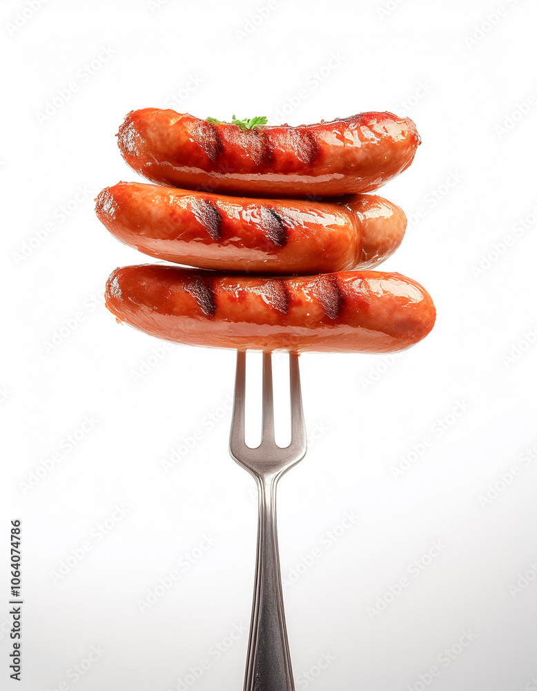Stack of perfectly grilled Grilled sausages with grill marks on vintage fork floating or flying isolated on clean white background Stack of perfectly grilled Grilled sausages with grill marks on vintage fork floating or flying isolated on clean white background