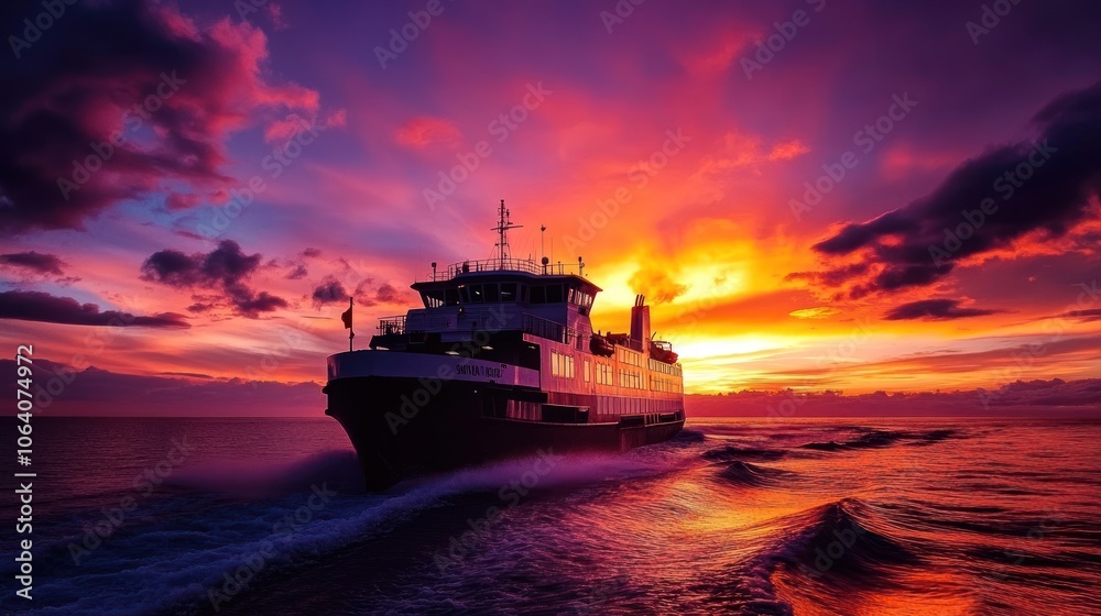 A ferry boat sails through the ocean at sunset with a fiery orange and purple sky.