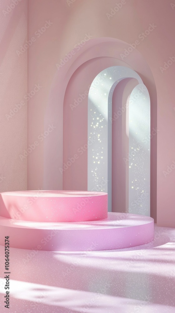 A pink and white room with a pink pedestal in the middle A pink and white room with a pink pedestal in the middle