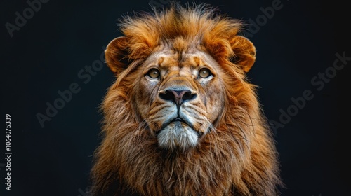 Muzzle of a big fluffy red lion on a black background photo