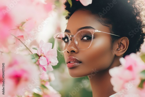 eyewear frames collection fashion, beautiful diverse  woman wearing glasses in spring blooming park - optics salon poster