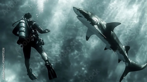 A scuba diver encounters a large shark in the ocean.