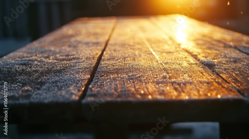 Rustic wooden table dusted with frost and illuminated by warm, glowing light from one side, perfect for a holiday-themed setting photo