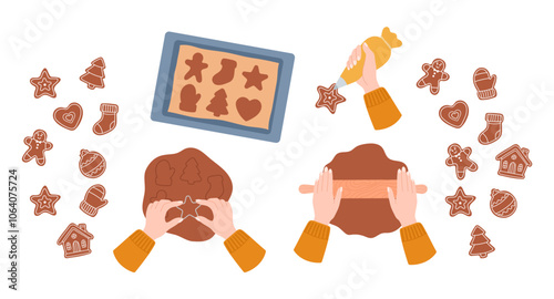 Holiday vector illustration of the process of making gingerbread cookies. Includes cookie cutters, dough, baking sheet and icing decorations in a simple holiday style. Perfect for Christmas projects.