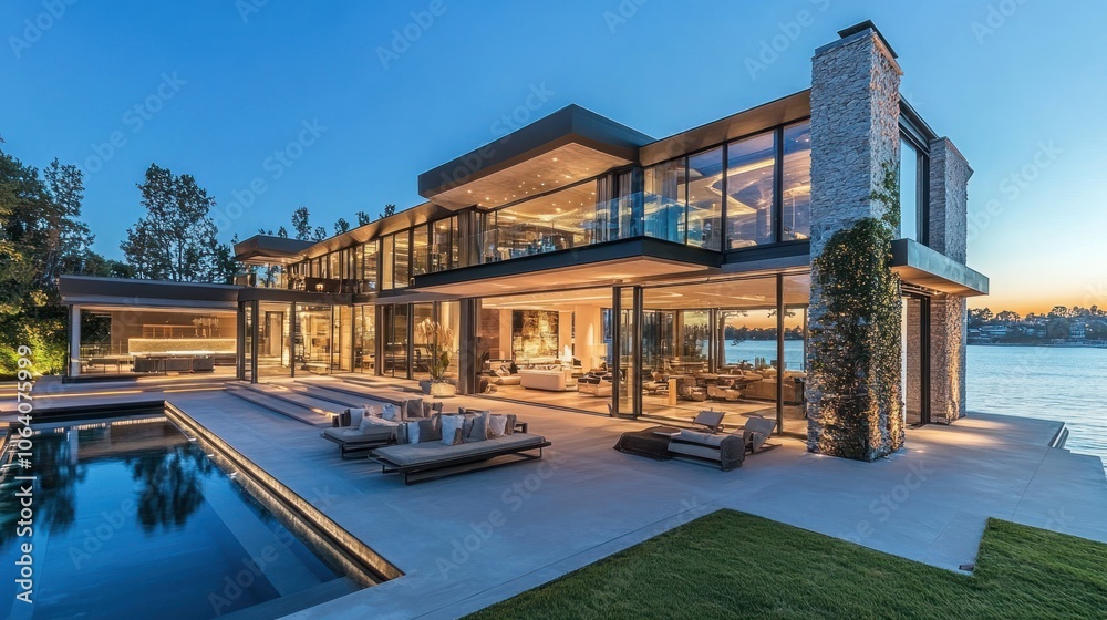 Fototapeta premium Modern waterfront home with a pool and patio area at dusk.