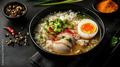 Dak Gomtang Korean chicken soup with rice and green onions photo