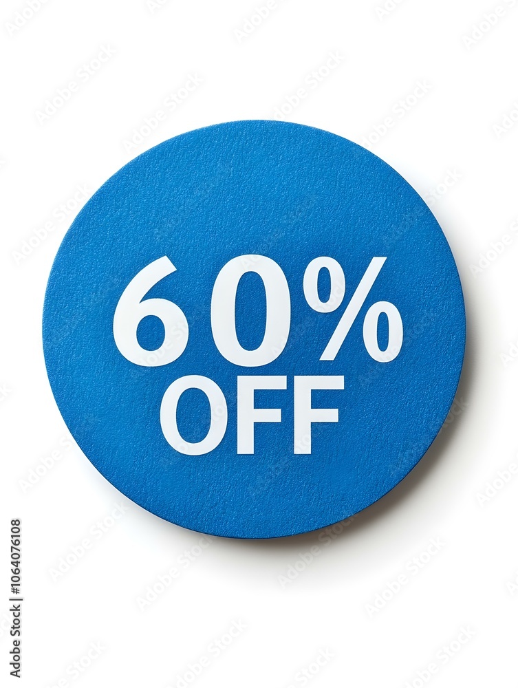 White '60% OFF' Text on a Blue Round Paper Note. White Background White '60% OFF' Text on a Blue Round Paper Note. White Background