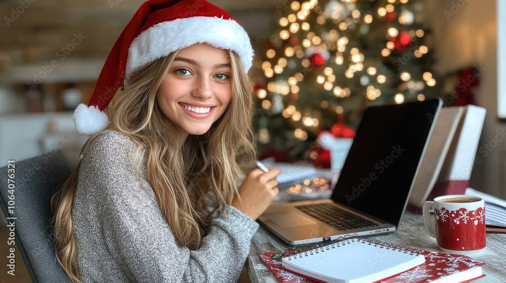 A young woman wearing a festive Santa hat smiles while working on her laptop at home, surrounded by holiday decorations and a Christmas tree A young woman wearing a festive Santa hat smiles while working on her laptop at home, surrounded by holiday decorations and a Christmas tree
