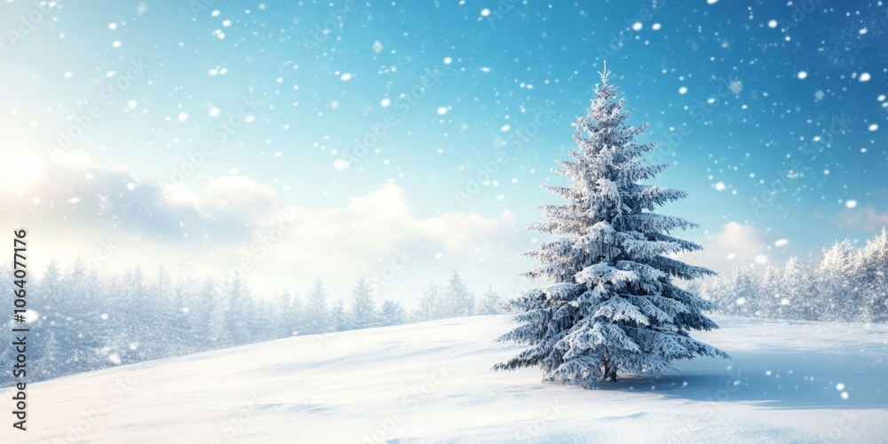Snowy field with a single pine tree under a serene blue sky, softly illuminated by morning light Snowy field with a single pine tree under a serene blue sky, softly illuminated by morning light