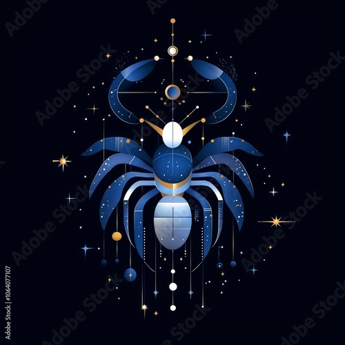 Zodiac sign Scorpio represented by a stylized scorpion with celestial elements in a starry background photo