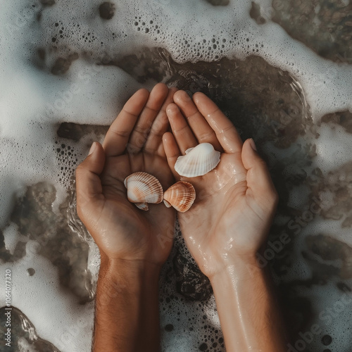 Collecting seashells by the shoreline on a sunny day with gentle waves and foam touching hands photo