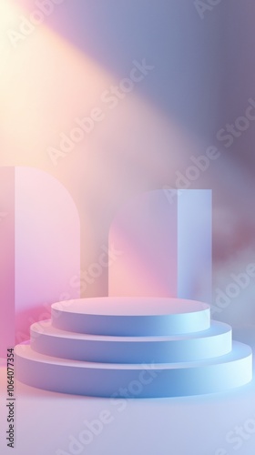 A white and blue stage with a spotlight on it