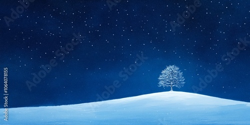 A snowy hill with a single pine tree in the distance under a deep blue, starry sky, giving an enchanting winter night feel