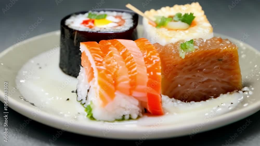 Close-up of a sushi plate featuring assorted rolls with fresh salmon, seaweed, and garnishes, beautifully arranged for an appetizing presentation. Vibrant colors and delicate textures. 4K video
Close-up of a sushi plate featuring assorted rolls with fresh salmon, seaweed, and garnishes, beautifully arranged for an appetizing presentation. Vibrant colors and delicate textures. 4K video