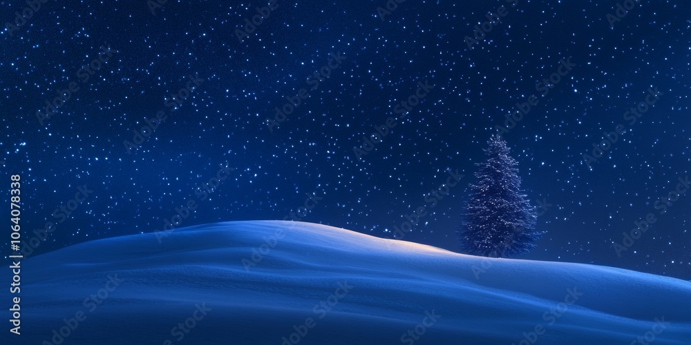 A snowy hill with a single pine tree in the distance under a deep blue, starry sky, giving an enchanting winter night feel A snowy hill with a single pine tree in the distance under a deep blue, starry sky, giving an enchanting winter night feel